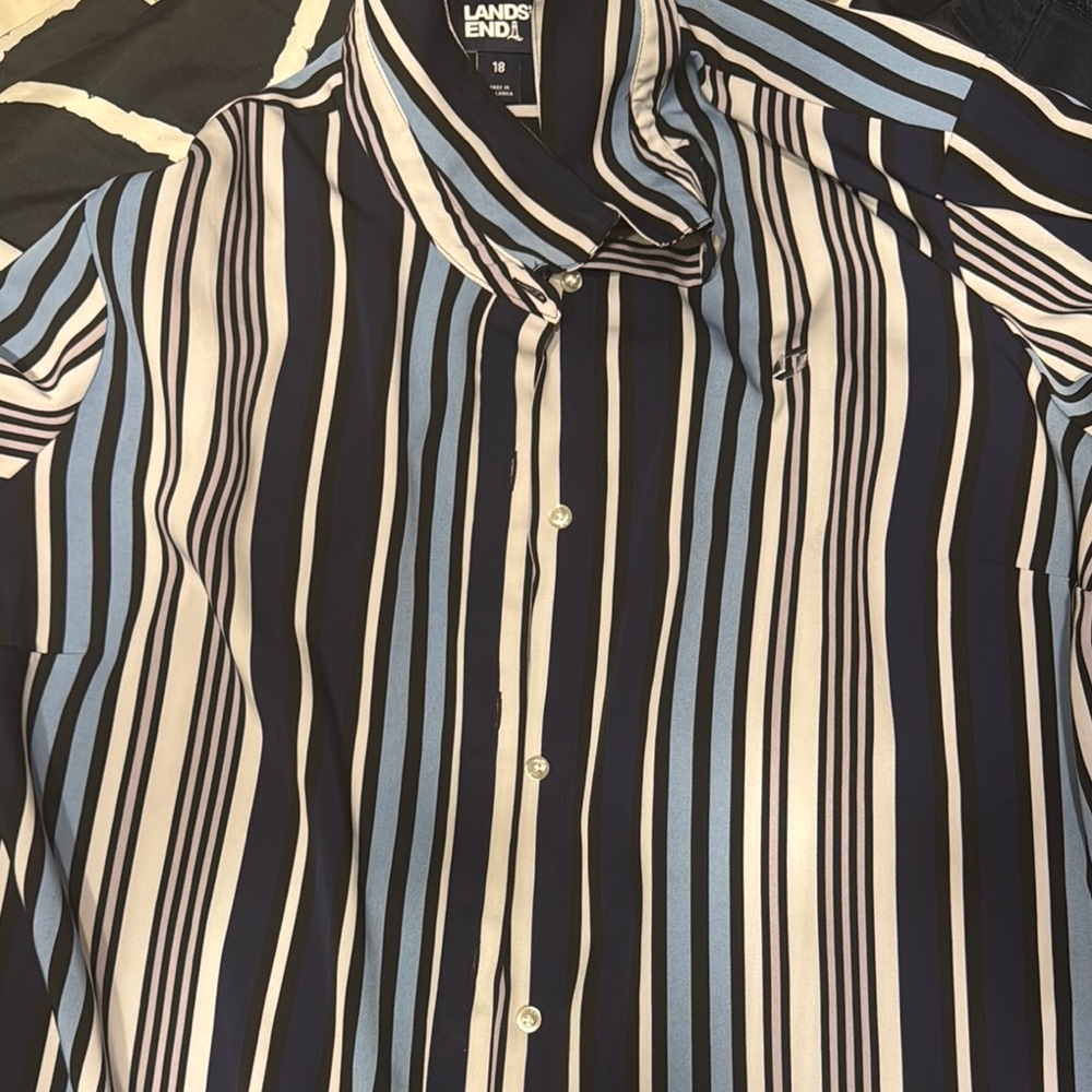 Lands' End Men's Navy and White Striped Shirt